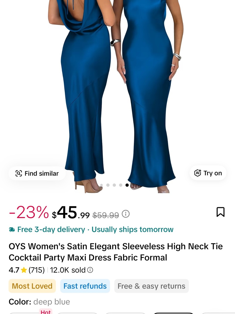 Deep Blue Satin Dress - Women's Elegant Cocktail Dress